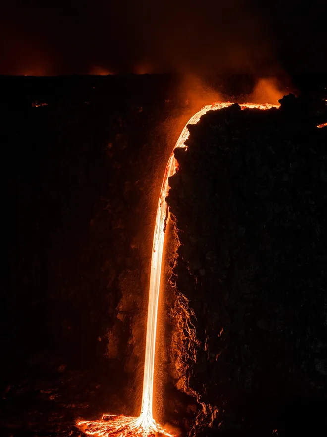 FLUX 3 sample — volcanic lava flow at night, cinematic high-contrast lighting
