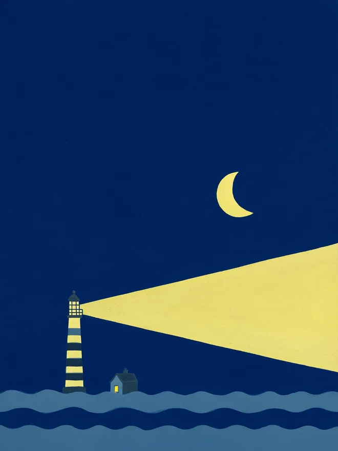 FLUX 3 illustration sample — striped lighthouse under crescent moon, flat graphic style