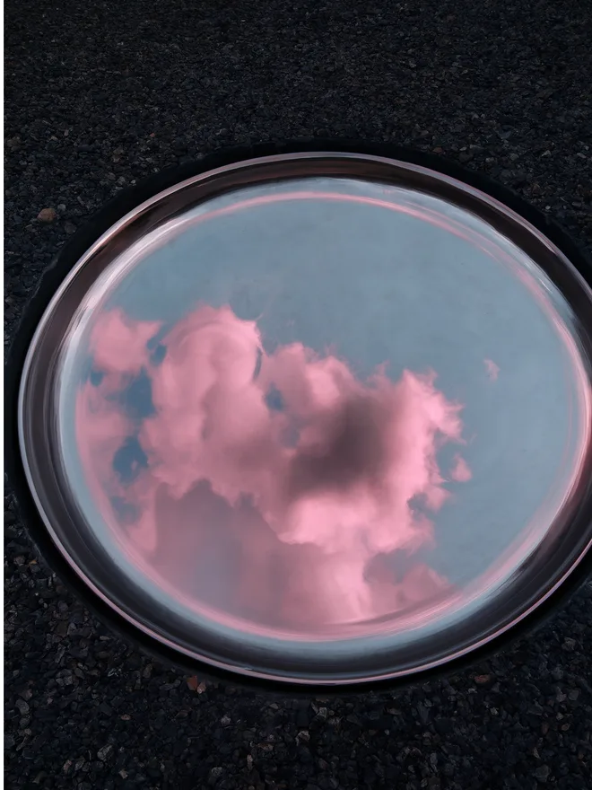 FLUX 3 text-to-image sample — reflective metal surface with sky reflection, macro detail